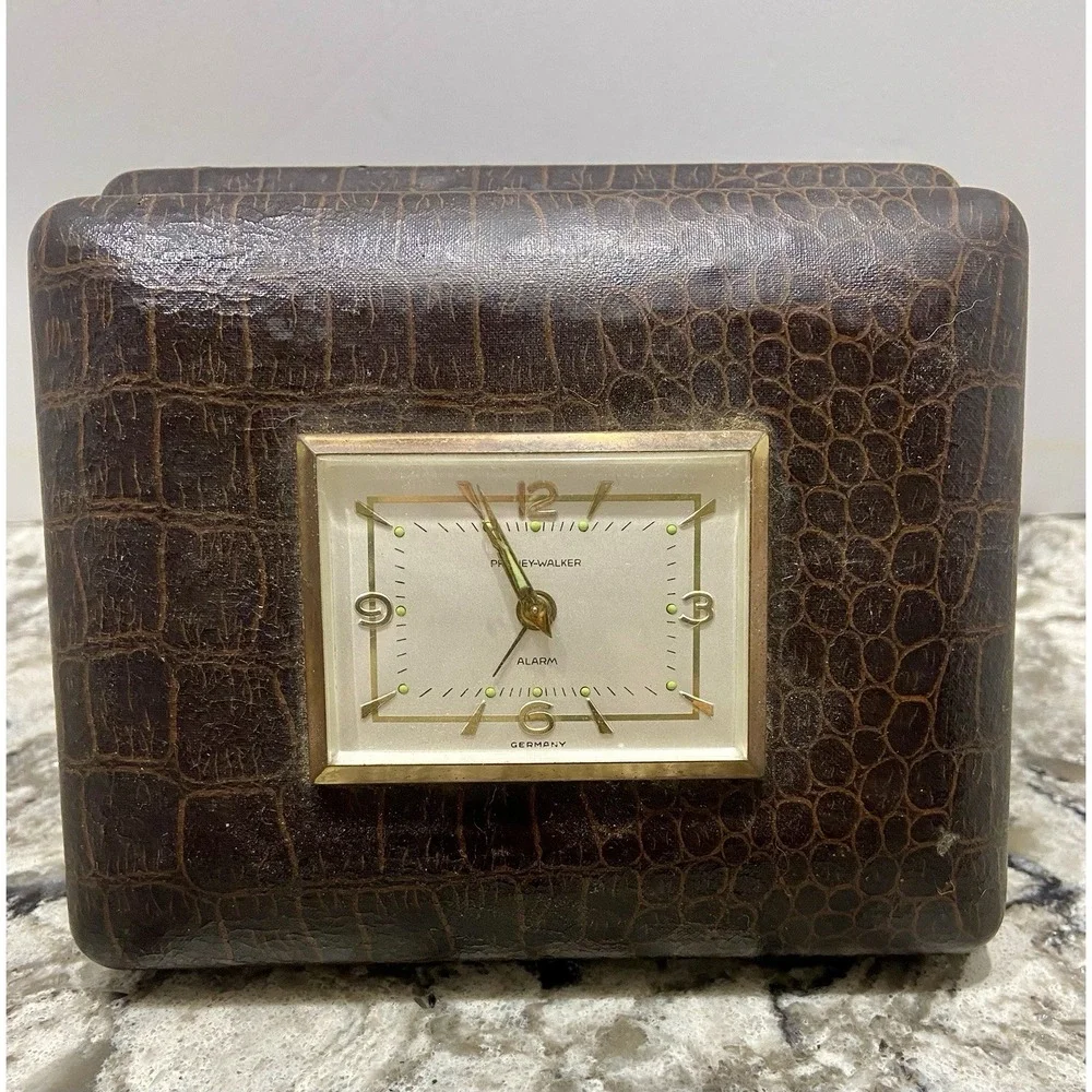 Vintage Phinney Walker Travel Clock Jewelry Box Brown Leather Crocodile WORKS